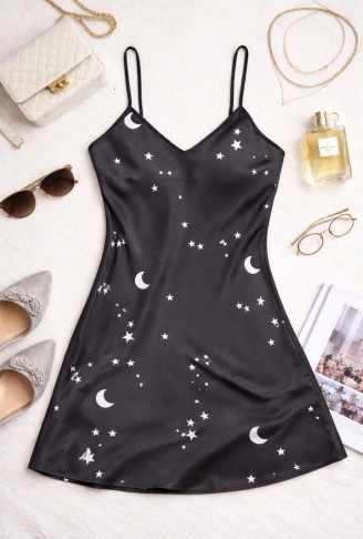 Yıldızlı Gökyüzü Desenli Askılı Saten Gecelik TM1387