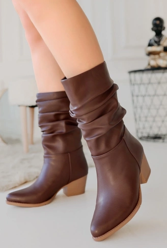 Yior Kahverengi Cilt Topuklu Bot