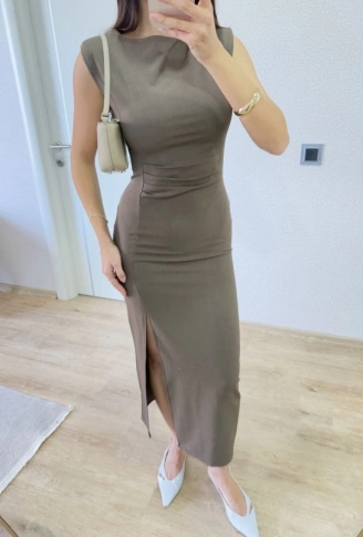 Yırtmaç Detaylı Kolsuz Elbise - Antrasit