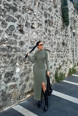 Yırtmaçlı kalın bürümcük uzun elbise Yeşil