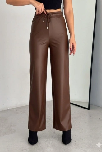 Yüksek Bel Geniş Paça Içi şardonlu Deri Pantolon.