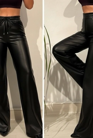 Yüksek Bel Geniş Paça Içi şardonlu Deri Pantolon.