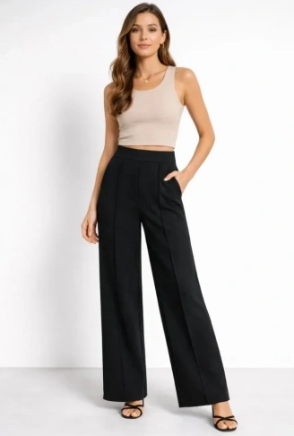 Yüksek Bel Palazzo Pantolon Çima Dikişli Bol Paça Akıcı Kumaş Günlük Ve Ofis Şıklığı - Siyah