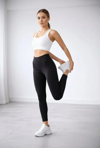 Yüksek Bel Toparlayıcı Likralı Düz Sporcu Tayt - Siyah