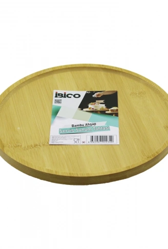 YUVARLAK=24.5CM AYAKLI=4CM KENARLI YÜZEY AHŞAP BAMBU SUNUM TEPSİSİ - MİNİ SOFRA (4940)