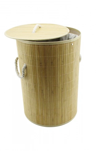 YUVARLAK BAMBU AHŞAP KİRLİ ÇAMAŞIR SEPETİ 35X60CM SEYYAR KAPAKLI İÇİ BEZLİ İP KULPLU (4940)