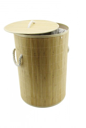 YUVARLAK BAMBU AHŞAP KİRLİ ÇAMAŞIR SEPETİ 35X60CM SEYYAR KAPAKLI İÇİ BEZLİ İP KULPLU (4940)