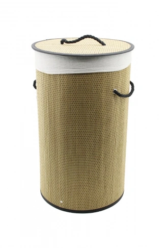 YUVARLAK HASIR - AHŞAP KİRLİ ÇAMAŞIR SEPETİ 37X60CM SEYYAR KAPAKLI İÇİ BEZLİ İP KULPLU (4940)