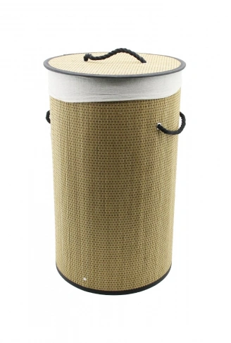 YUVARLAK HASIR - AHŞAP KİRLİ ÇAMAŞIR SEPETİ 37X60CM SEYYAR KAPAKLI İÇİ BEZLİ İP KULPLU (4940)
