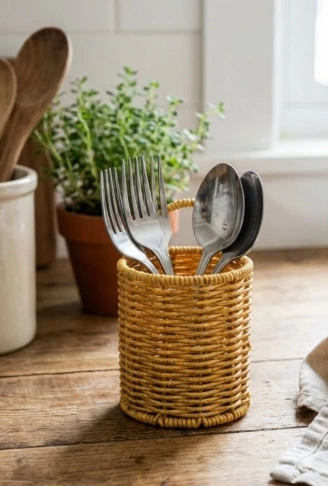 Yuvarlak Hasır Dokulu Plastik Rattan Kaşıklık &amp; Çatallık – Askılı Kendiliğinden Tutmalı Çok Amaçlı Mutfak Organizeri (4940)