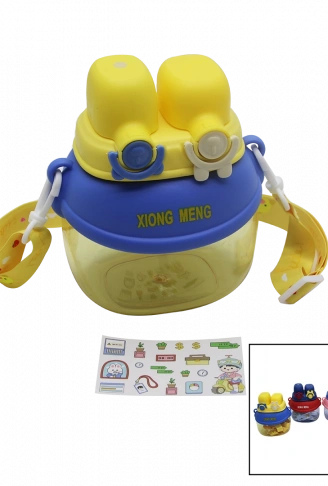 YÜZ MODELİ  - 2 KİLİTLİ KAPAK  RENKLİ MİKA KRİSTAL SULUK MATARA PİPETLİ - NAYLON ÇANTALI - ASKILI 1280ML (4940)