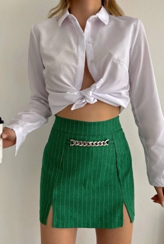 Zincir detaylı çizgili şort etek