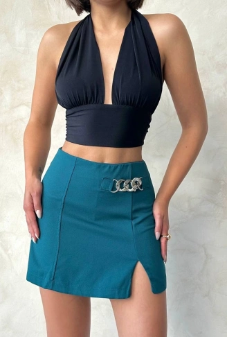 Zincirli şort etek petrol yeşili s24676