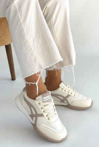 Zlay Bej Cilt Vizon Detaylı Bağcıklı Spor Ayakkabı