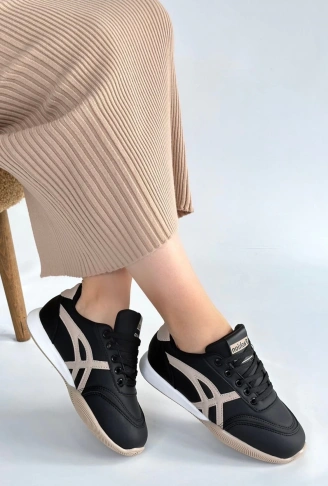 Zlay Siyah Cilt Bej Detaylı Bağcıklı Spor Ayakkabı