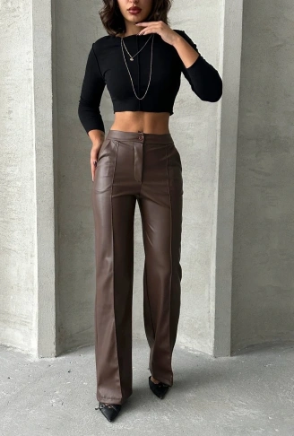 Zr deri palazzo pantolon kahve h24654