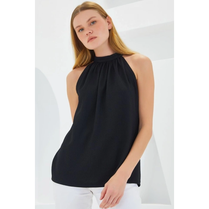 0489 Halter Yaka Örme Bluz - Siyah