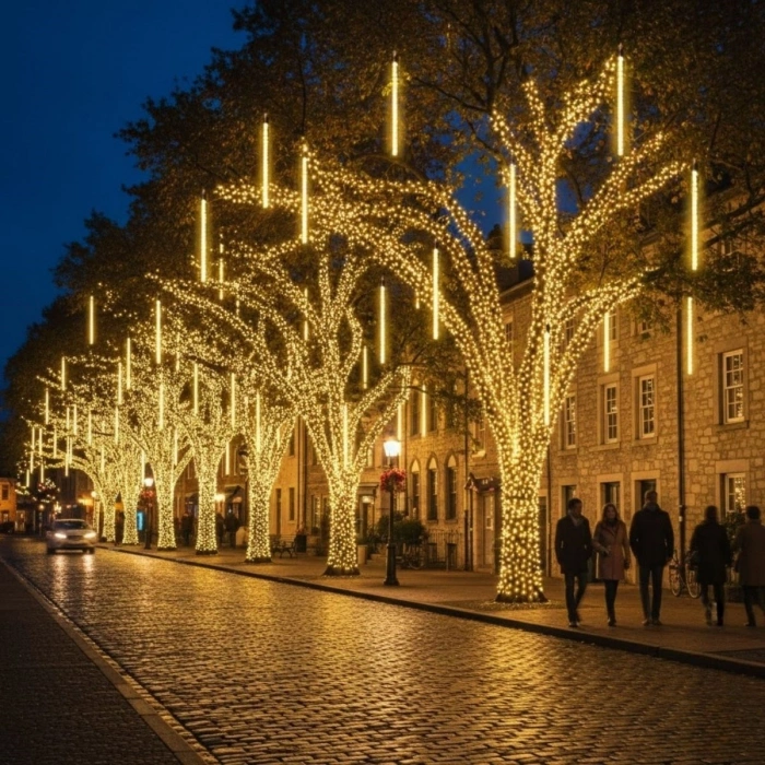 10'lu 45 cm Plastik Meteor LED USB 2M Kablo Sarı Renk Ağaç Işığı – Renk Değiştiren Asmalı Dekoratif Bahçe ve Dış Mekan Aydınlatması (4940)