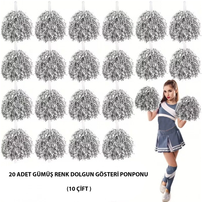10 Çift ( 20 Adet ) Gümüş Renk 23 Nisan 19 Mayıs 29 Ekim Okul Gösteri Ponponları (4940)