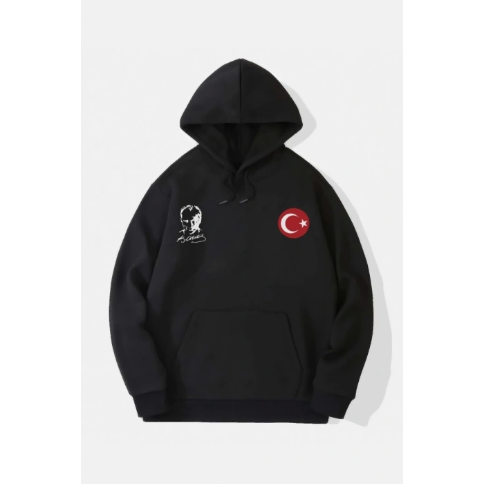 10 Kasıma Özel Üç İplik Kapşonlu Baskılı SweatShirt - Siyah