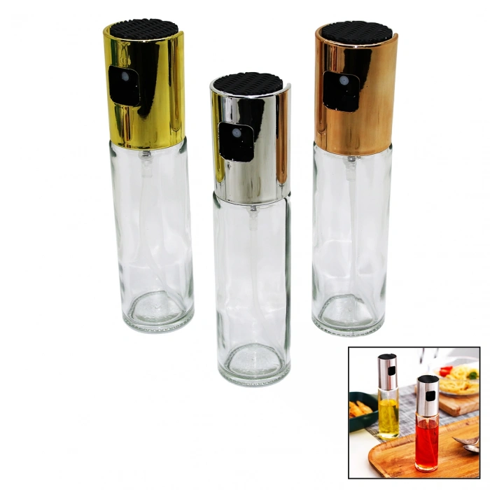 100 ML SPREY CAM YAĞDANLIK KROM - RENKLİ SPREY KAFA - İNCE UZUN ŞİŞE (4940)