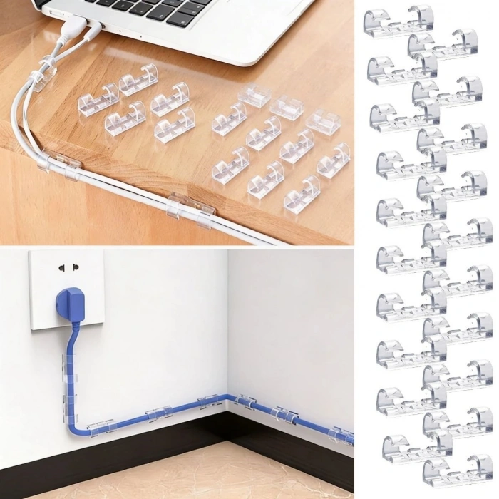 20’li Şeffaf Kablo Tutucu Klips – Kendinden Yapışkanlı Masaüstü Kablo Düzenleyici Aparat (4940)
