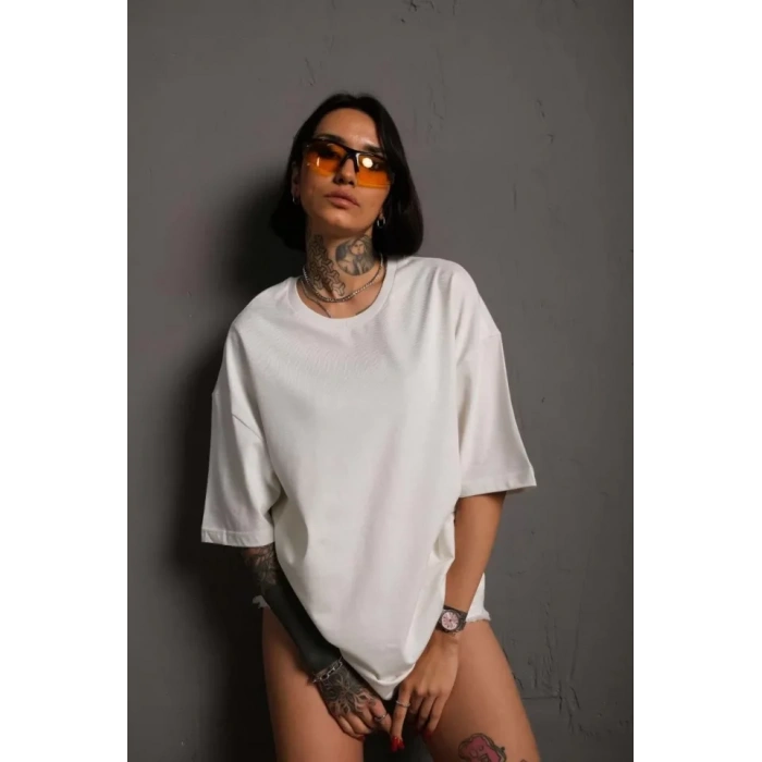 24/1 Düz A Kalite Oversize T-shirt - Beyaz