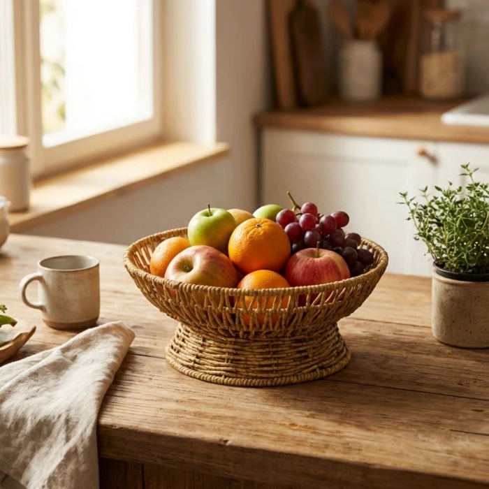 25 cm Plastik Rattan Servis Çanağı – Doğal Hasır Görünümlü Dekoratif Meyve, Ekmek ve Sunum Kasesi (4940)