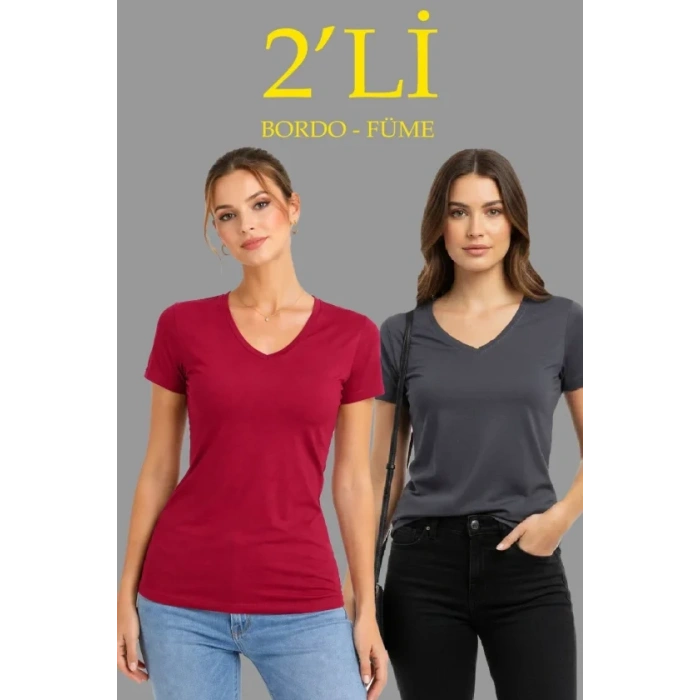 2li V Yaka Tişört – Kısa Kollu Yazlık Slim Fit Body - Bordo - Füme