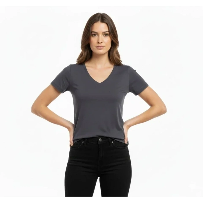 2li V Yaka Tişört – Kısa Kollu Yazlık Slim Fit Body - Bordo - Füme