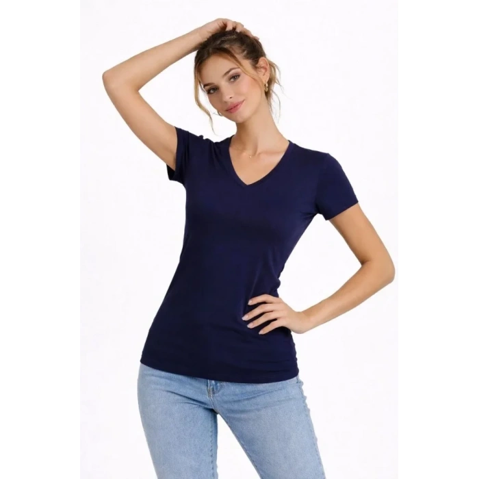 2li V Yaka Tişört – Kısa Kollu Yazlık Slim Fit Body - Lacivert - Ekru