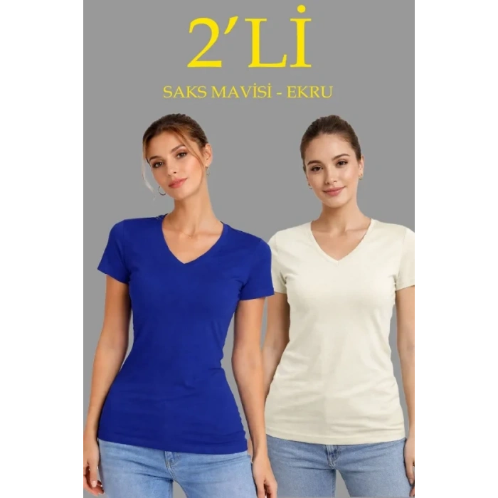 2li V Yaka Tişört – Kısa Kollu Yazlık Slim Fit Body - Saks Mavisi - Ekru