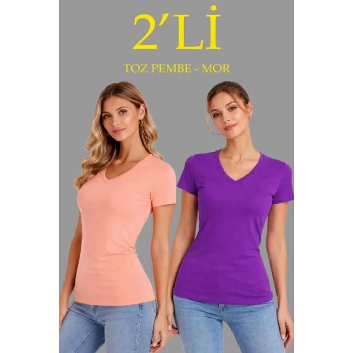 2li V Yaka Tişört – Kısa Kollu Yazlık Slim Fit Body - Toz Pembe - Mor