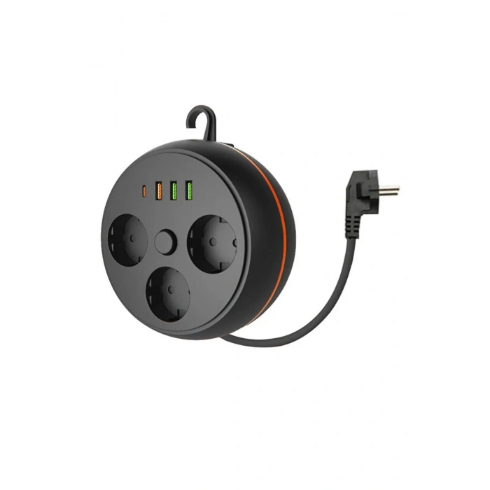 3 Adet Soket,3 Adet USB ve 1 Adet Type-C Girişli Termal Akım Korumalı Makaralı Priz 3395 (4940)