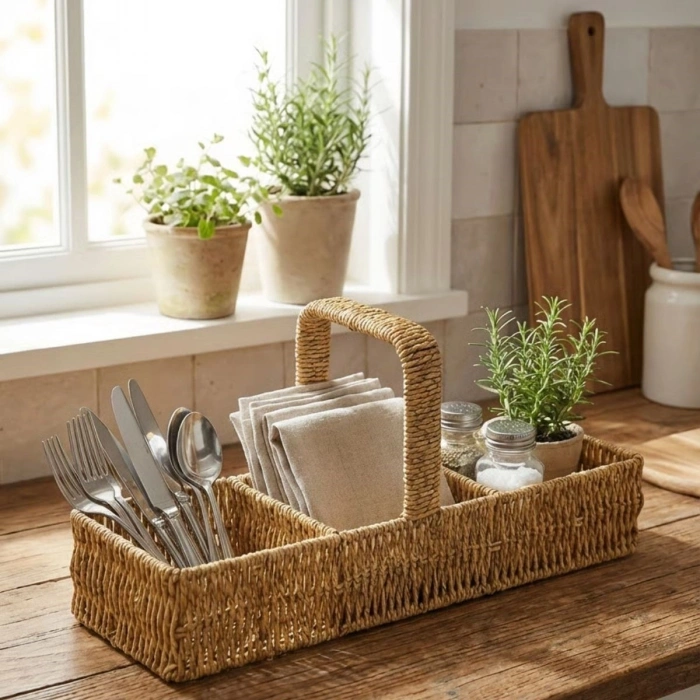 3 Bölmeli Plastik Rattan Düzenleyici–Saplı Masaüstü Organizer, Mutfak Kaşık Çatal Sepeti, Banyo &amp; Ofis Çok Amaçlı Sunum Standı (4940)