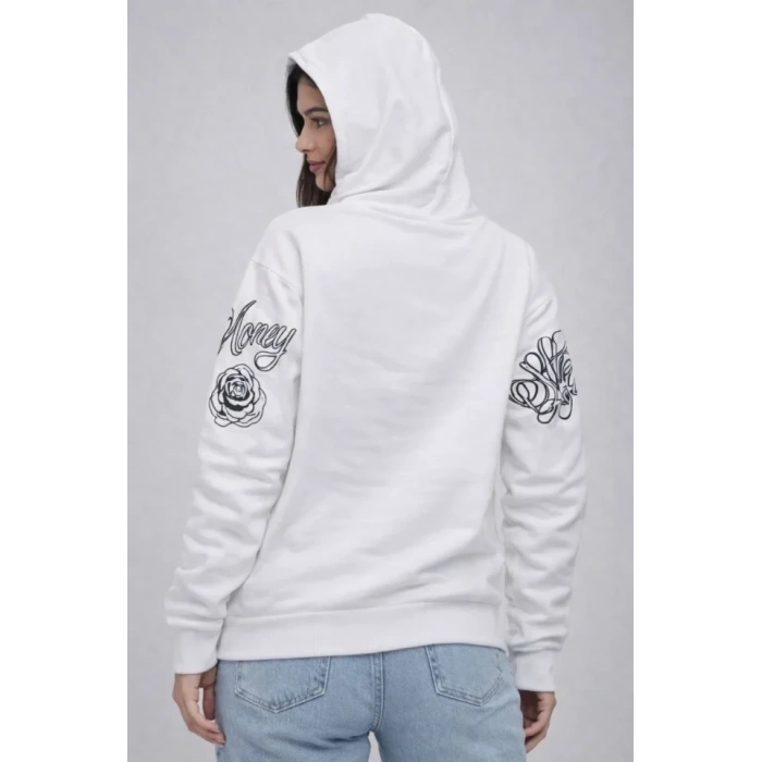 3 İplik Pamuklu Kapüşonlu Baskılı SweatShirt Hoodie - Beyaz