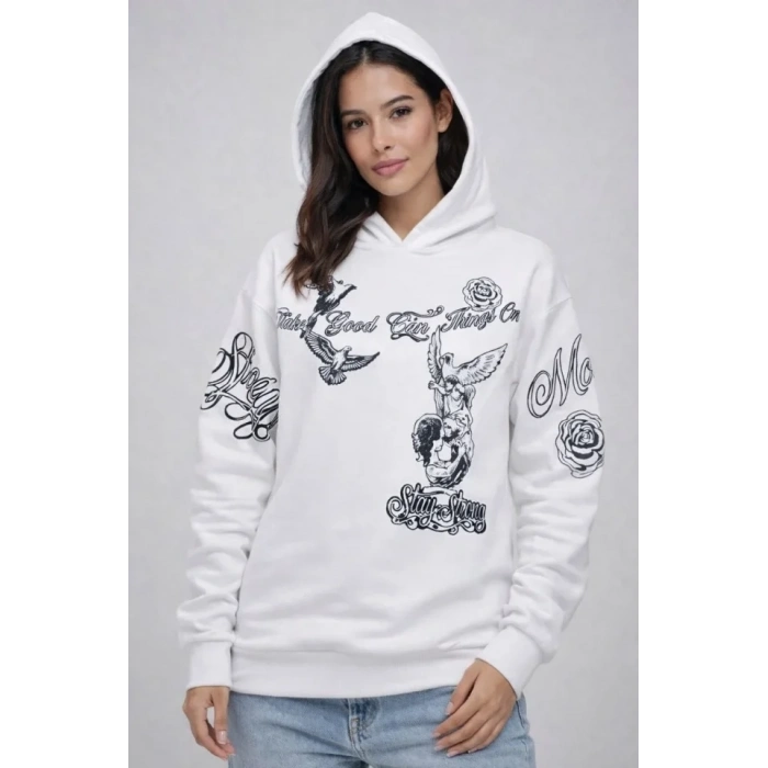 3 İplik Pamuklu Kapüşonlu Baskılı SweatShirt Hoodie - Beyaz