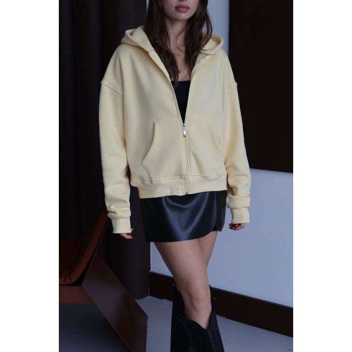 3 iplik şardonlu kapşonlu hoodie frm sarı p510437