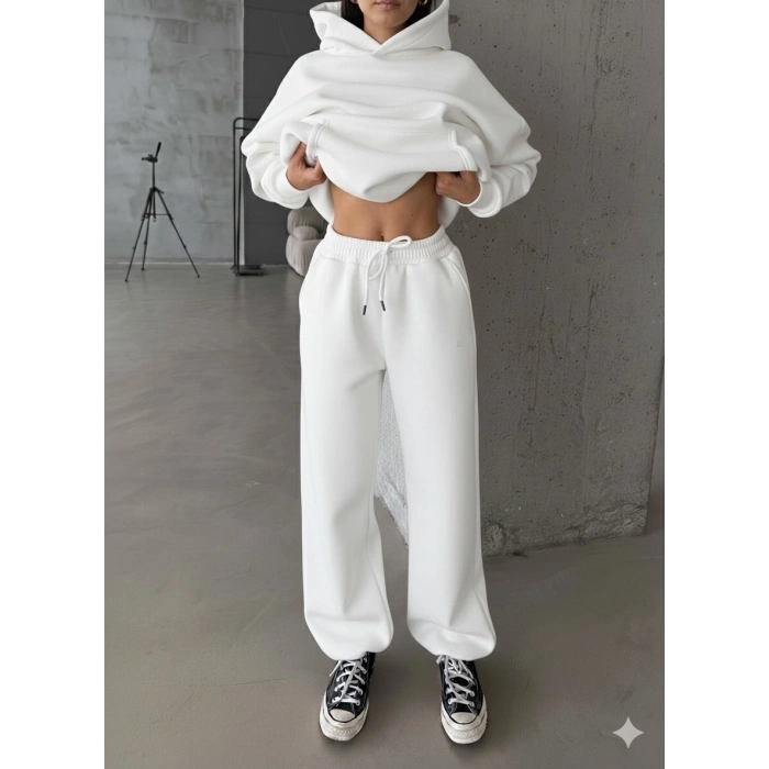 3 iplik şardonlu Lastik paça eşofman beyaz p510439