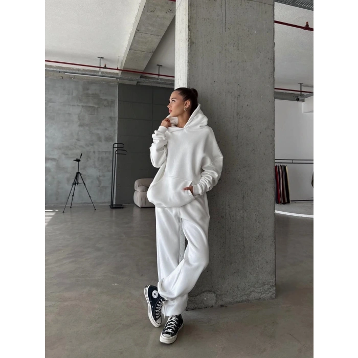 3 iplik şardonlu Lastik paça eşofman beyaz p510439