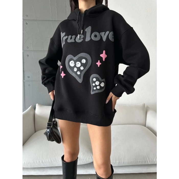 3 iplik şardonlu oversize true baskılı sweat siyah