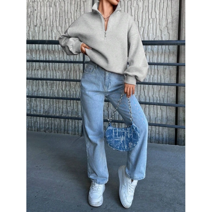 3 iplik Şardonlu yarım fermuarlı sweatshirt gri