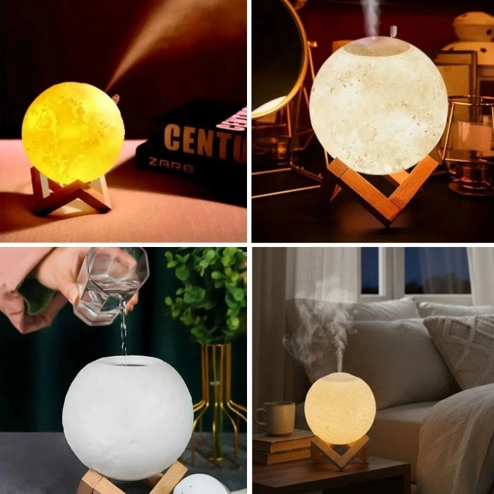 3D Ay Tasarımlı Su Yenilemeli USB Hava Nemlendiricisi – Dokunmatik, 3 Renk Işık Modlu (Gün Işığı / Beyaz / Sarı Işık) Gece Lambası (4940)