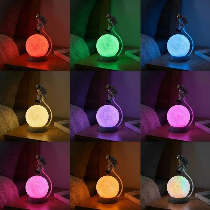 3D Ay Üzerinde Astronot LED Gece Lambası – Dokunmatik 10 Renk Değiştiren Dekoratif Çocuk Odası Masaüstü Ay Lambası (4940)