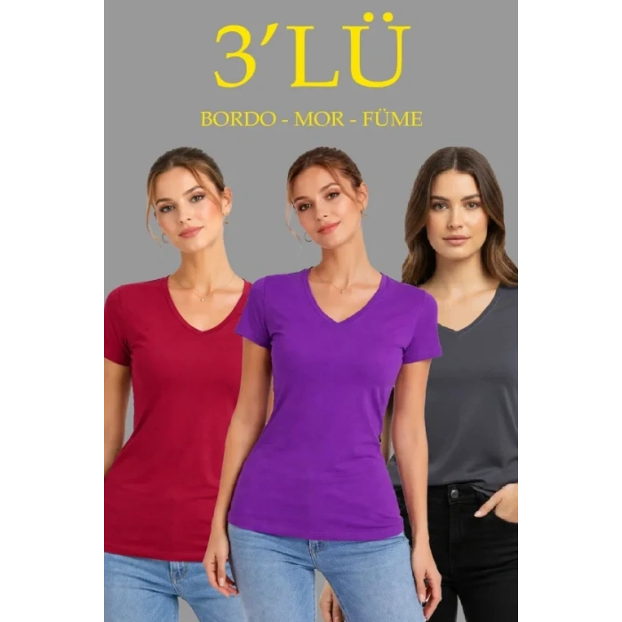 3lü V Yaka Tişört – Kısa Kollu Yazlık Slim Fit Body - Bordo, Mor, Füme