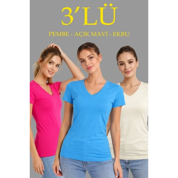 3lü V Yaka Tişört – Kısa Kollu Yazlık Slim Fit Body - Pembe, Açık Mavi, Ekru