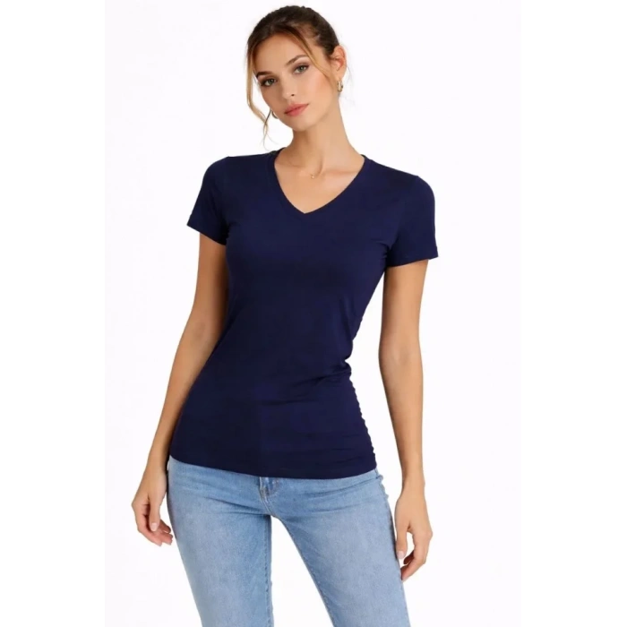 3lü V Yaka Tişört – Kısa Kollu Yazlık Slim Fit Body - Toz Pembe, Lacivert, Hardal