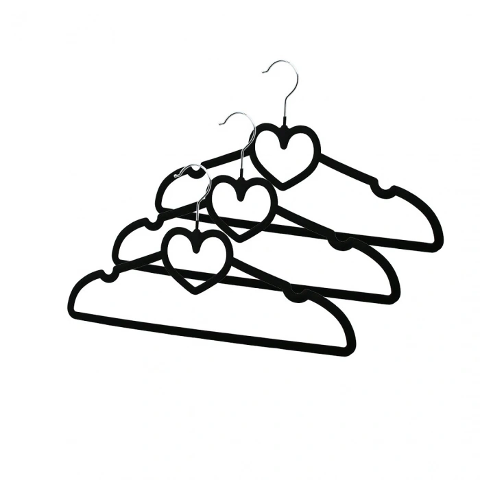 3PCS SİYAH KADİFE KAPLI - KALPLİ PLASTİK ASKI METAL UÇLU (4940)