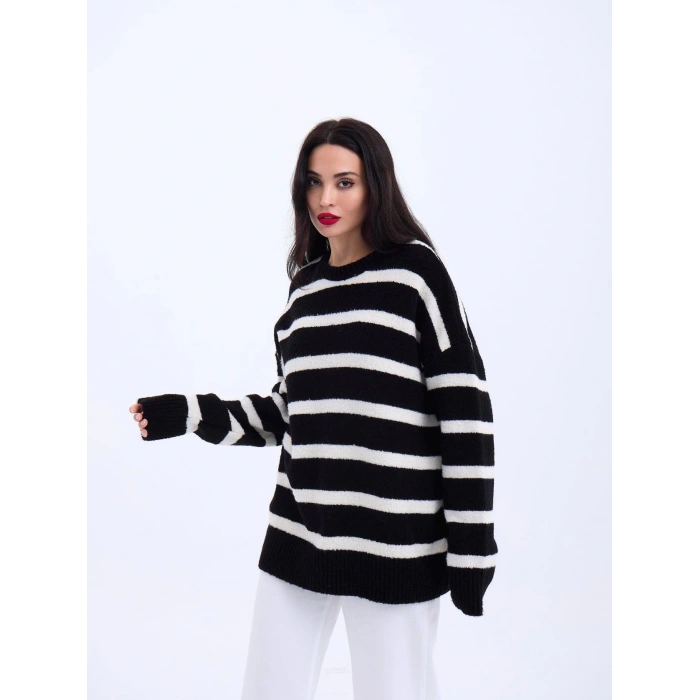 43111 TRİKO ÇİZGİLİ SALAŞ KAZAK-SİYAH-EKRU