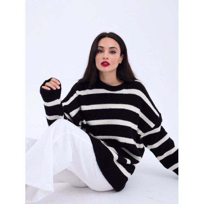 43111 TRİKO ÇİZGİLİ SALAŞ KAZAK-SİYAH-EKRU